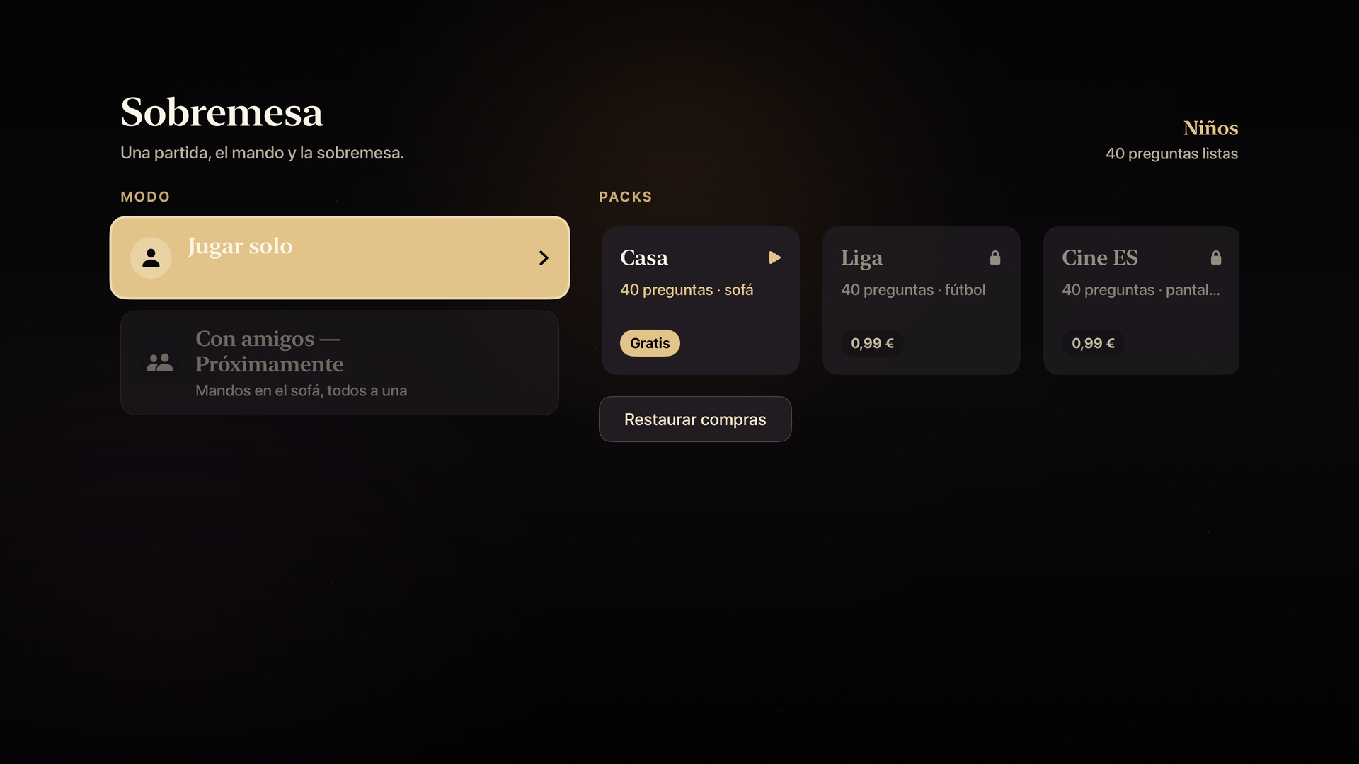 Sobremesa Quiz: pantalla de inicio